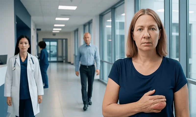 Real Pictures of Breast Cancer Lumps Explained: Causes, Management, and When to See a Doctor 18 Woman with breast discomfort in hospital corridor, healthcare professionals nearby.