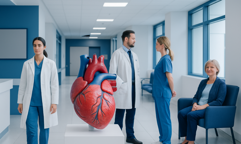 Medical team discussing heart health in hospital corridor with heart model.