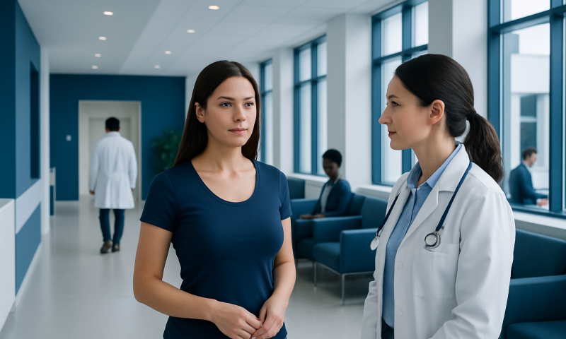 Young woman consulting with a doctor in a hospital corridor.