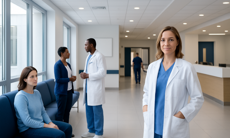 Medical professionals and patient in a hospital waiting area.