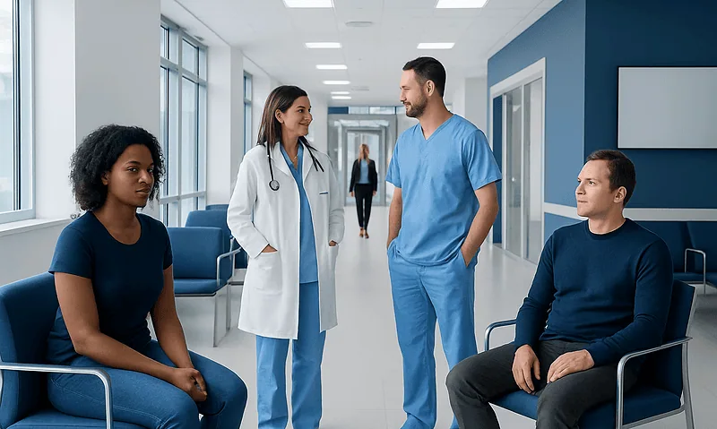 Does Menstrual Flow Stop in Water? Here Is What the Evidence Says 17 Patients in a hospital waiting area with medical staff engaging in conversation.