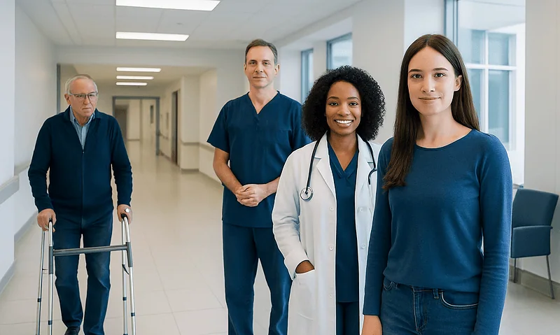 Healthcare professionals and patient in hospital corridor at Acibadem Hospitals Group.