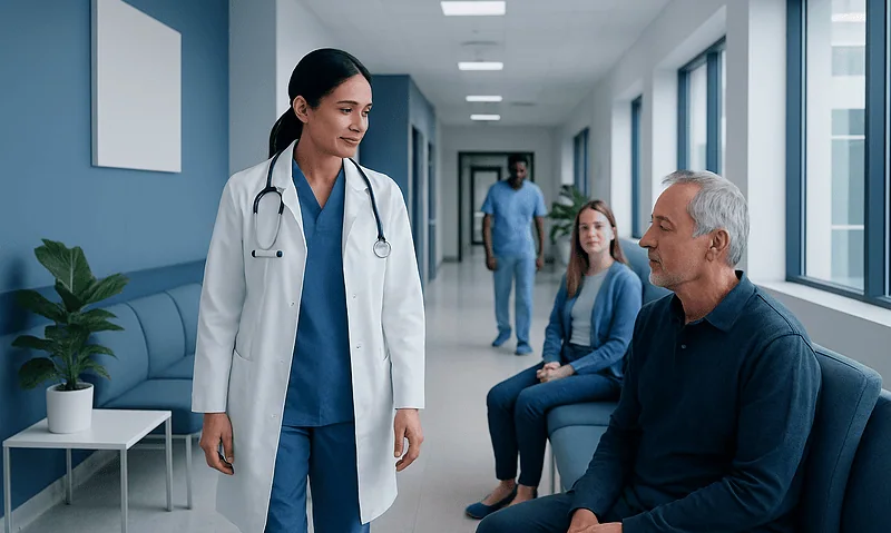 Doctor consulting with a patient in a hospital corridor.