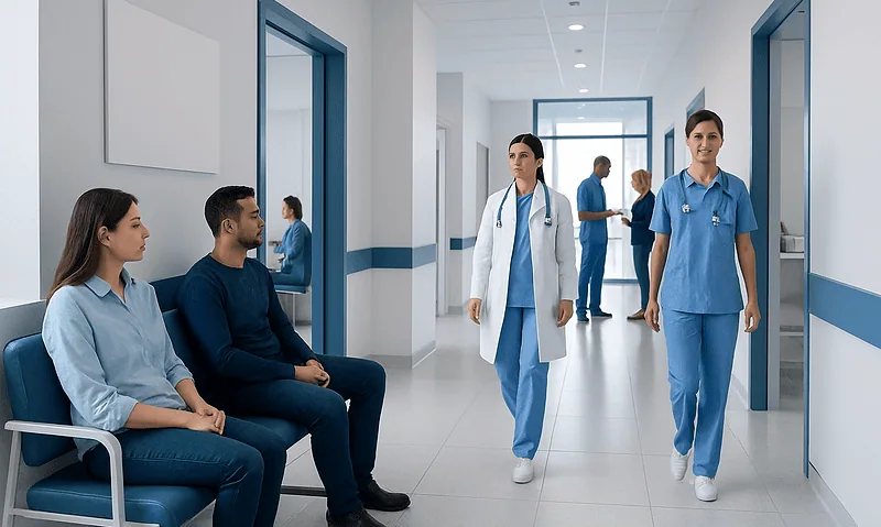 Hospital corridor with medical staff and patients in a modern healthcare facility.