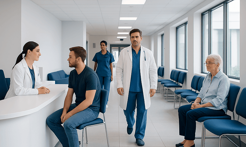 Medical consultation at Acibadem Hospital with doctor and patients.