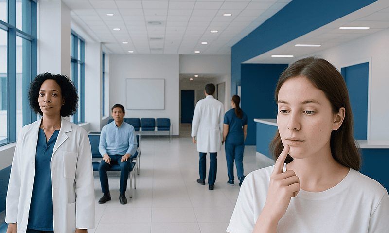 Young woman contemplating skin care in a hospital setting.