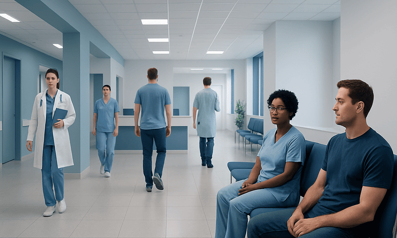 Healthcare professionals and patients in a modern hospital corridor.