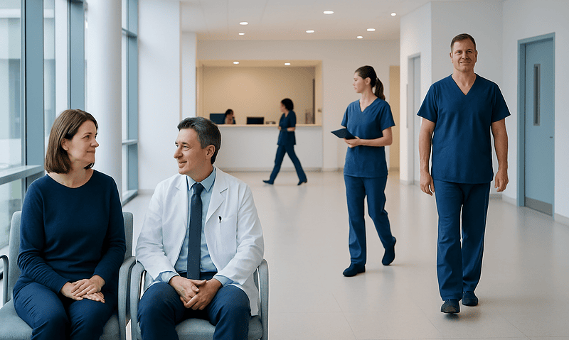 Healthcare professionals and patient in a modern hospital corridor.