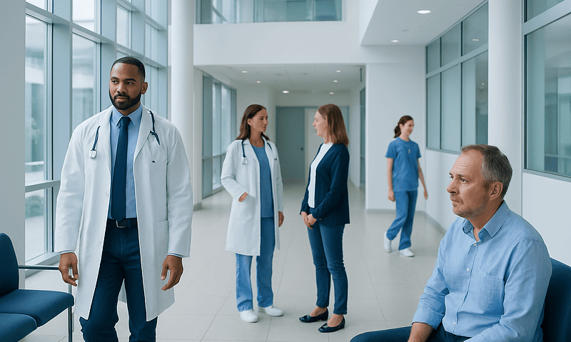 Medical team and patient in hospital corridor at Acibadem Hospitals Group.