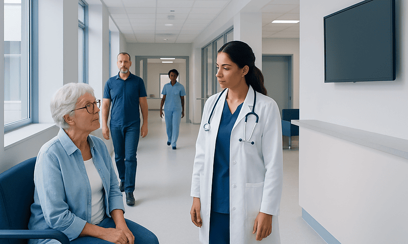 Doctor consulting elderly patient in hospital corridor at Acibadem Hospitals Group.