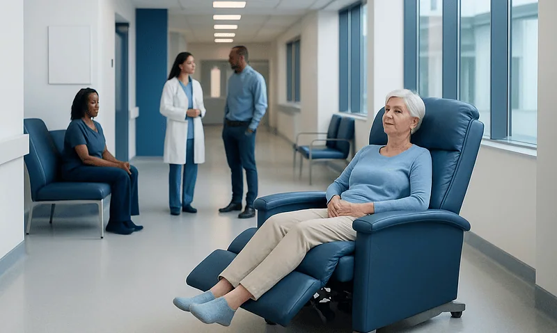 Elderly woman in a reclining chair at a hospital corridor.