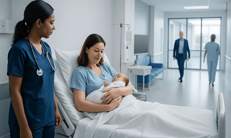 New mother holding her baby in hospital bed with medical staff nearby.