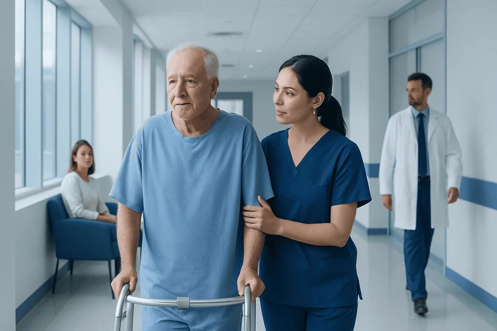 Coronary Artery Bypass Surgery: Step-by-Step From ICU to Discharge 1 Elderly man with walker and nurse in hospital corridor.