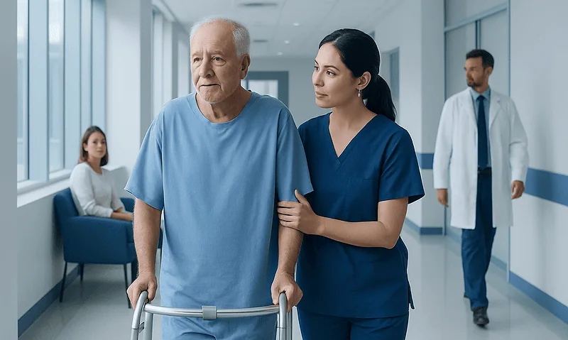 Elderly man with walker and nurse in hospital corridor.
