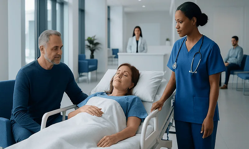 Hospital staff caring for a patient after endoscopy in a modern medical facility.
