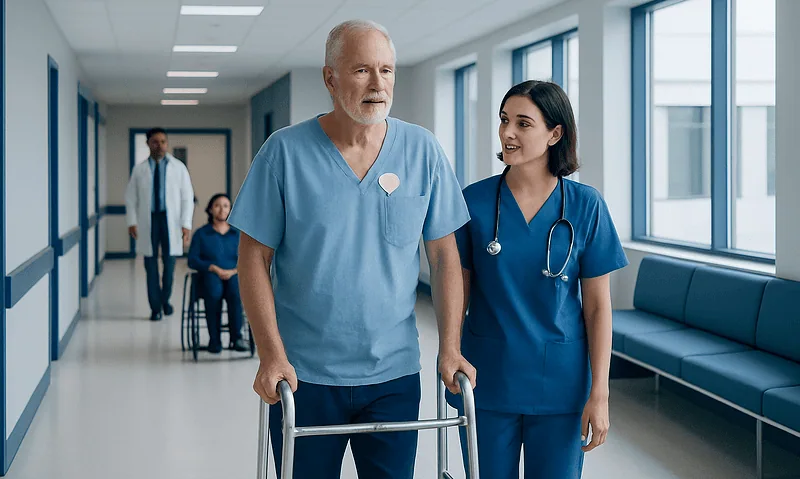 Senior man with walker walking in hospital corridor with nurse.