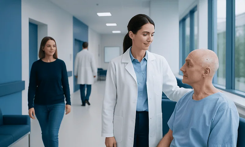 Doctor consulting patient after brain surgery in hospital corridor.