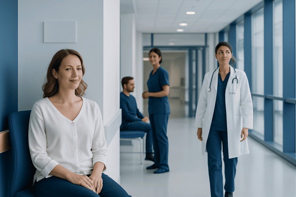 What Is Aesthetic Breast Surgery Recovery Really Like? 1 Patient waiting in hospital corridor with medical staff nearby.