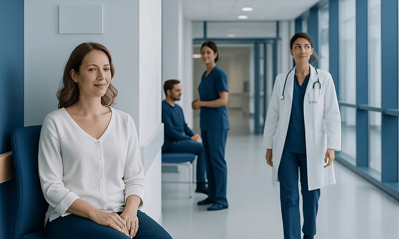 Patient waiting in hospital corridor with medical staff nearby.