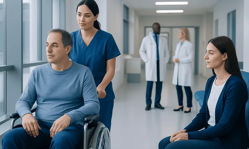 Hospital staff assisting a patient in a wheelchair in a modern medical facility.
