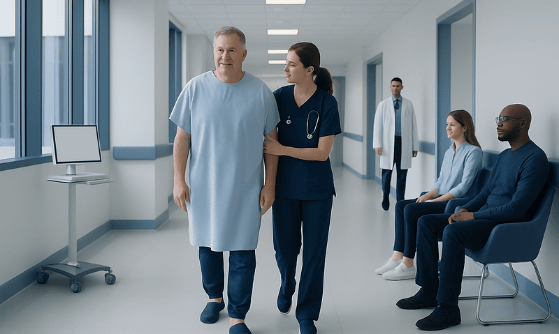 Patient walking with nurse in hospital corridor with waiting patients.