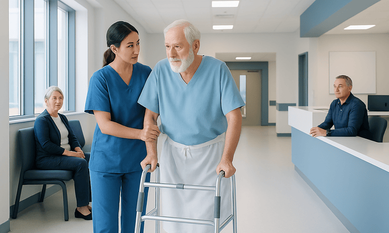 Elderly man with walker receiving support from nurse in hospital corridor.