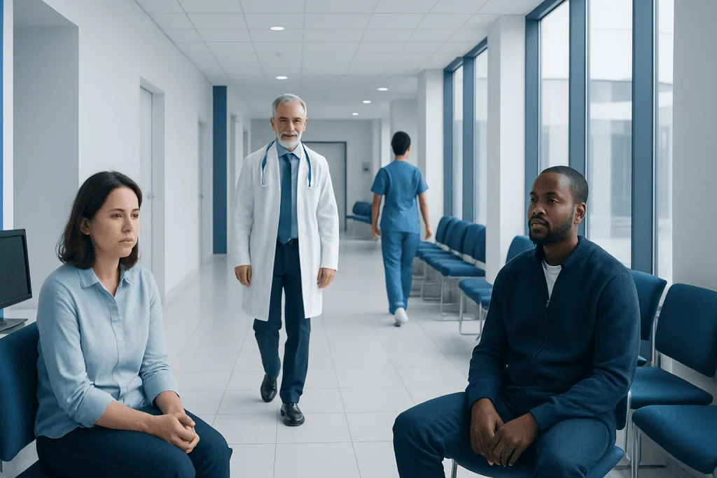 Rectal Pressure: What Patients Need to Know 1 Doctor consulting with patients in a hospital corridor.
