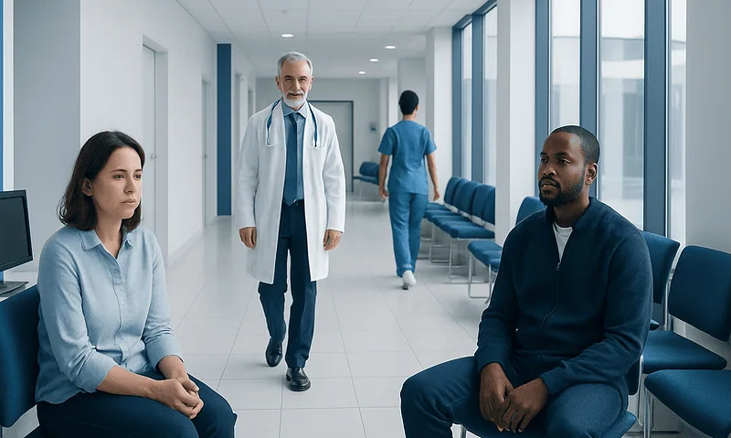 Doctor consulting with patients in a hospital corridor.