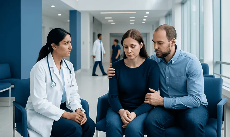 Fertility specialist consulting with a couple in a hospital waiting area.