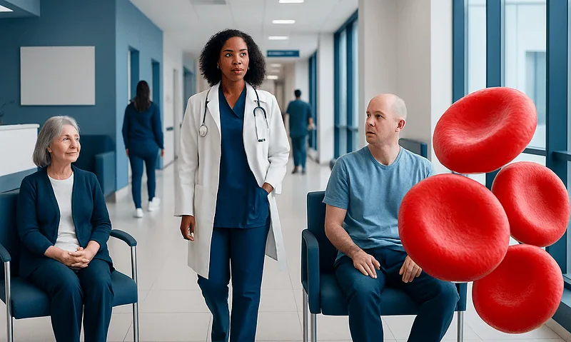 Healthcare professionals and patients in a hospital corridor with red blood cell graphics.