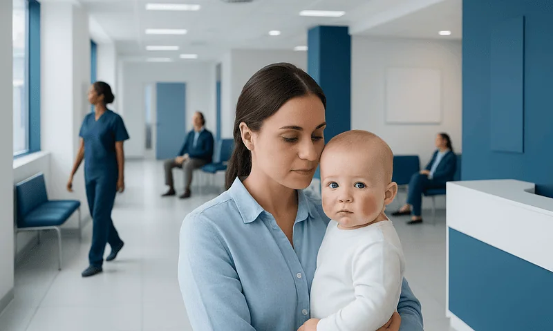 Infant with red facial blotches in a hospital waiting area.