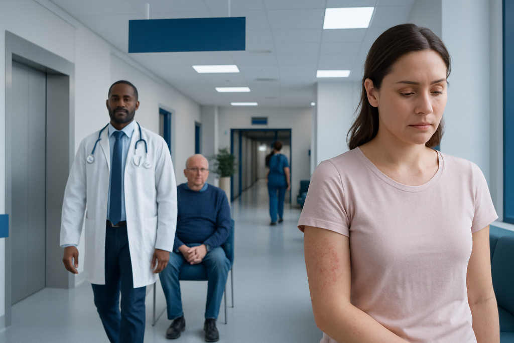 Red Blotches on Skin: What Patients Need to Know 1 Young woman with skin rash in hospital corridor, healthcare setting.