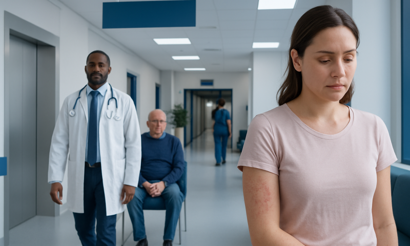 Red Blotches on Skin: What Patients Need to Know 6 Young woman with skin rash in hospital corridor, healthcare setting.