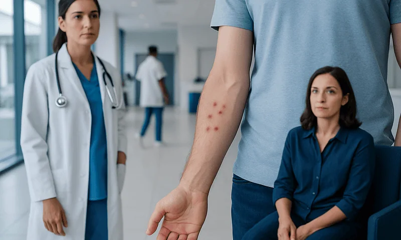 Patient with red skin bumps in a hospital setting with medical staff nearby.