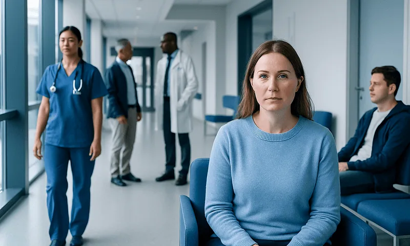 Patient waiting in hospital corridor with medical staff nearby.