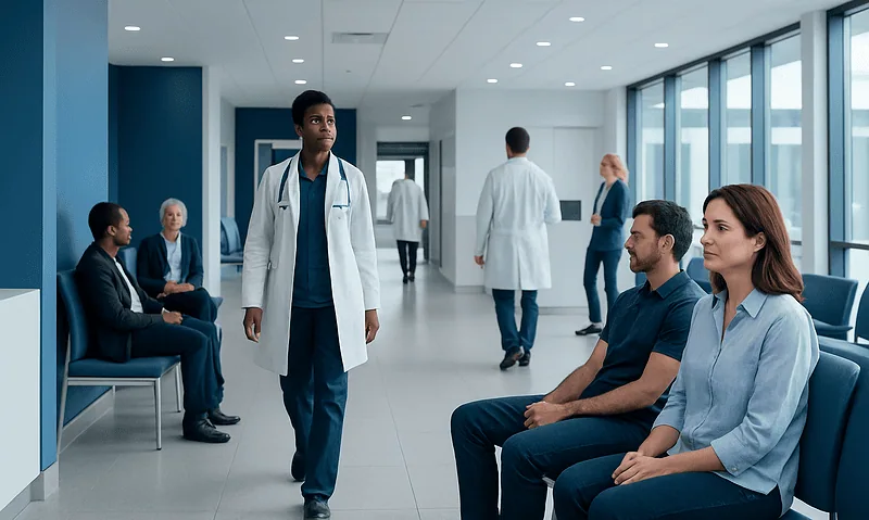 Healthcare professionals and patients in a modern hospital waiting area.