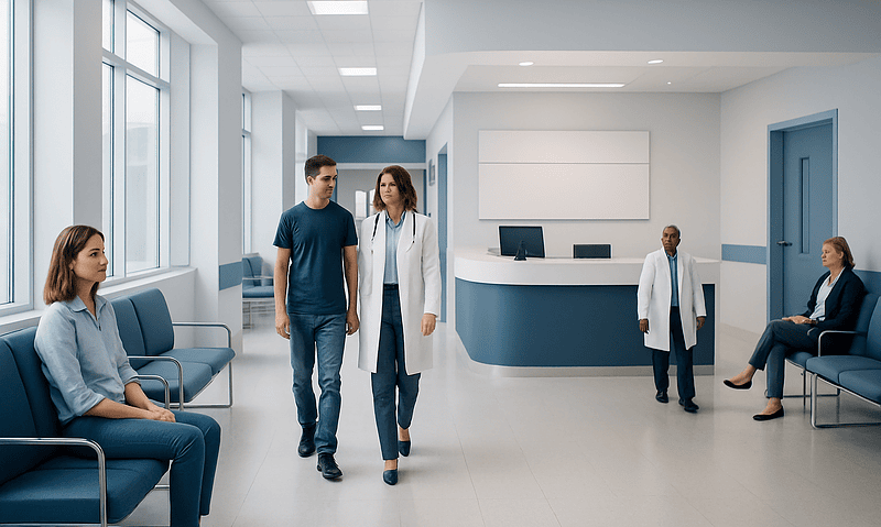 Hospital corridor with patients and medical staff in a modern healthcare facility.