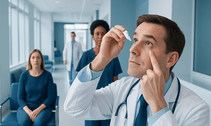 Doctor applying eye drops in a hospital corridor with medical staff.