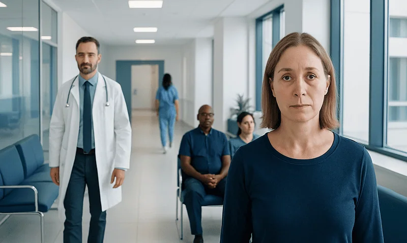 Patient with eye discomfort in hospital corridor with medical staff nearby.