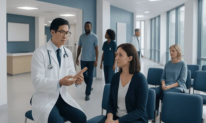 Doctor consulting with a patient in a modern hospital waiting area.