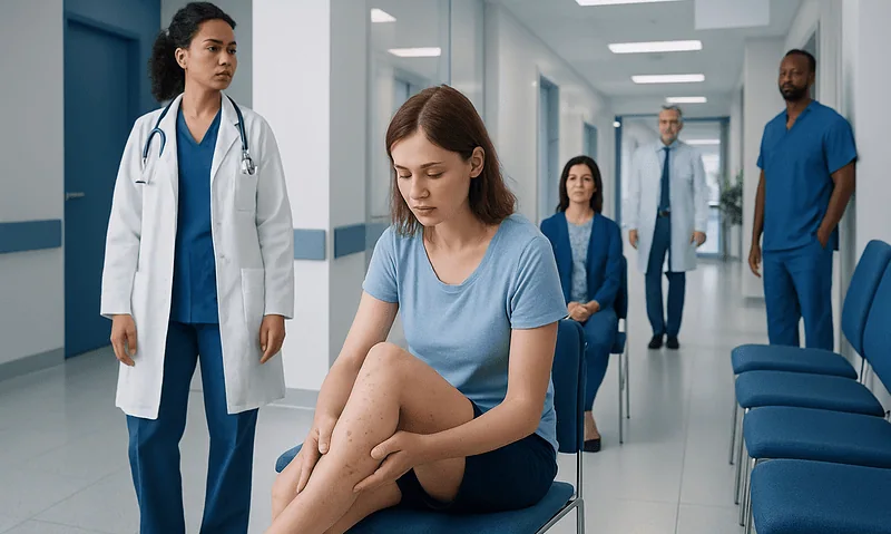Young woman with leg pain in hospital corridor with medical staff.