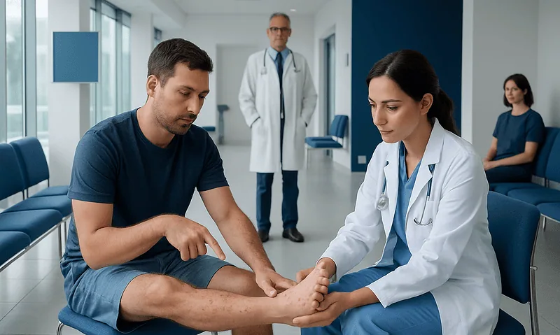 Doctor examining patient's foot in a hospital setting.