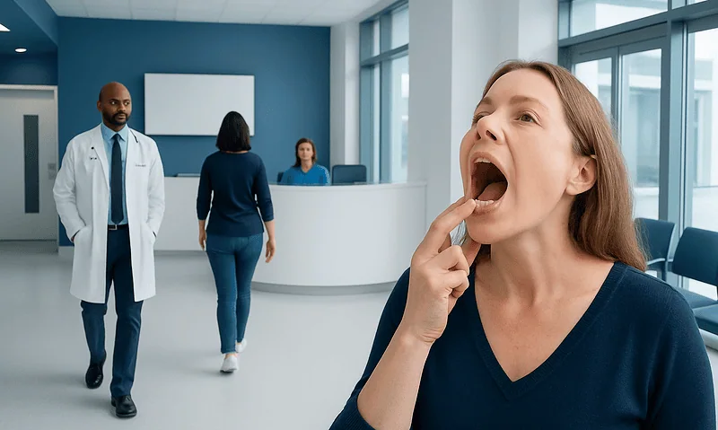 Patient with sore throat at a hospital reception area.