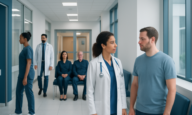 Doctor consulting male patient in hospital corridor with medical staff in background.