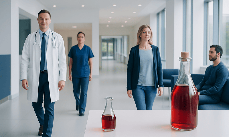 Medical professionals and a patient in a hospital corridor with vinegar bottles on a table.