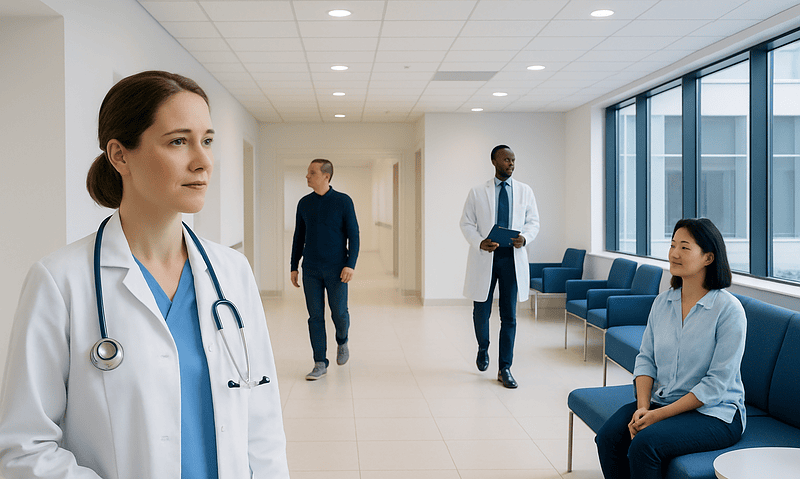 Medical professionals in a hospital corridor with patient seating area.