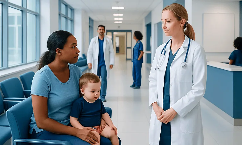 Doctor consulting a mother and child in a hospital corridor.