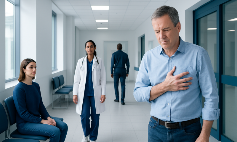 Man experiencing chest pain in a hospital corridor with medical staff nearby.