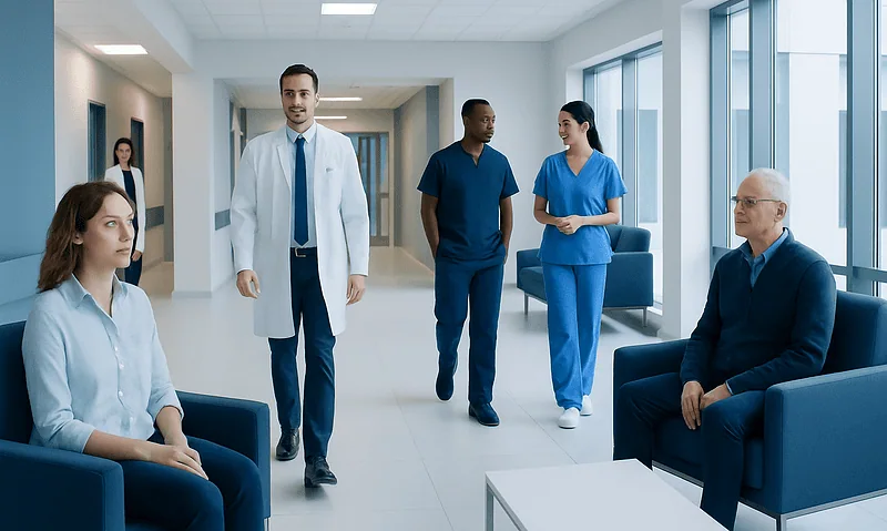 Medical team consulting in a hospital corridor with patients and staff.