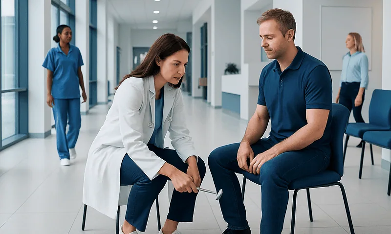 Doctor examining a patient's reflexes in a hospital corridor.